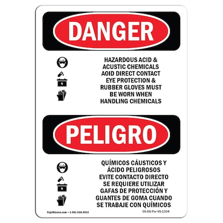 Signmission OSHA Sign, Acid Rubber Gloves Chemical Bilingual, 24in X 18in Alum, 18" W, 24" H, Spanish OS-DS-A-1824-VS-1304